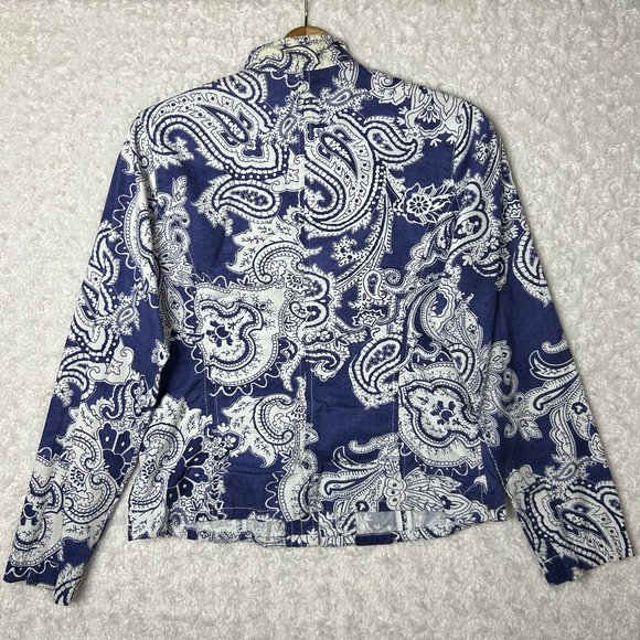 Chico's Paisley Print Denim Jacket Button Front Long Sleeve‎ Blue White Size 0 - Picture 3 of 5
